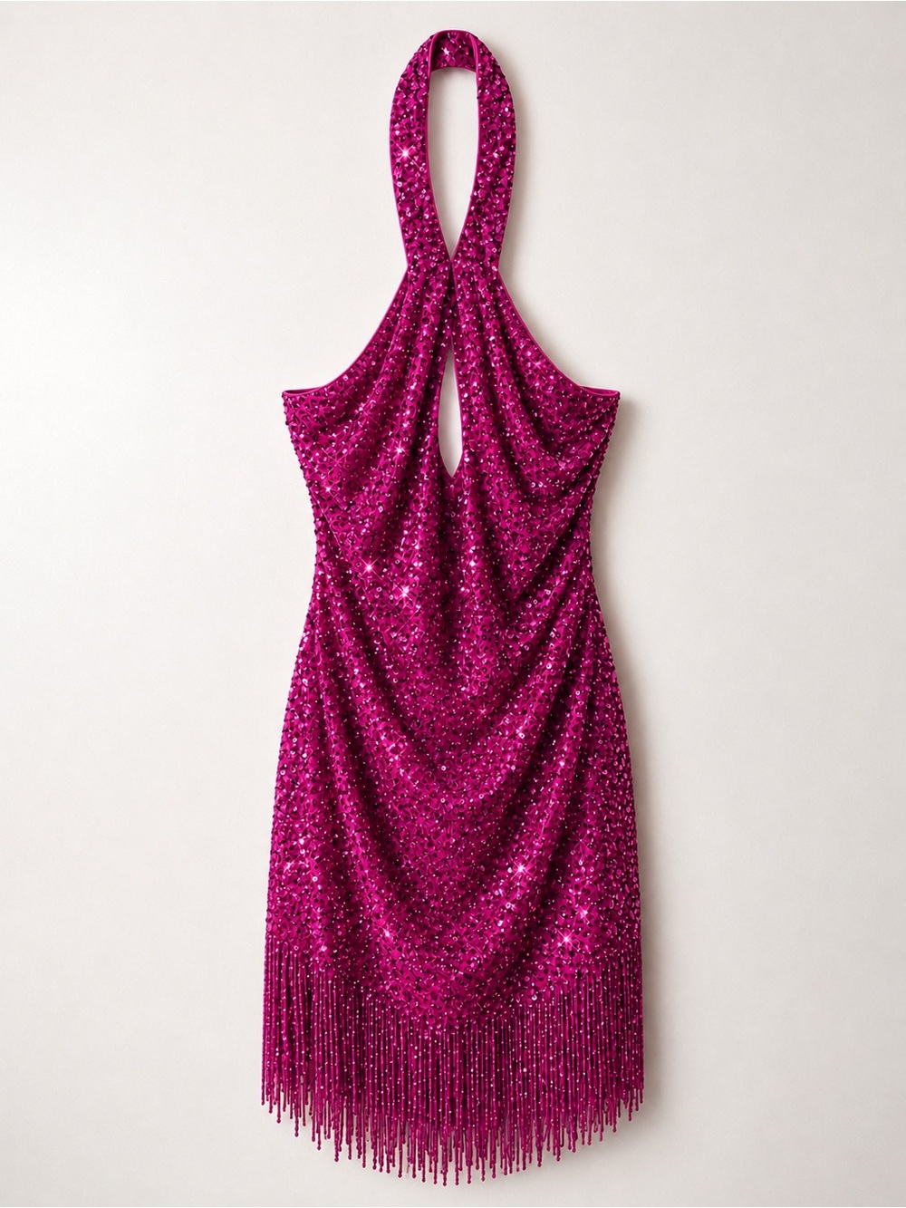 NWT Mac Duggal 10000 Sequin Fringe Halter Mini Dress Magenta Pink Size 12 - Picture 4 of 7